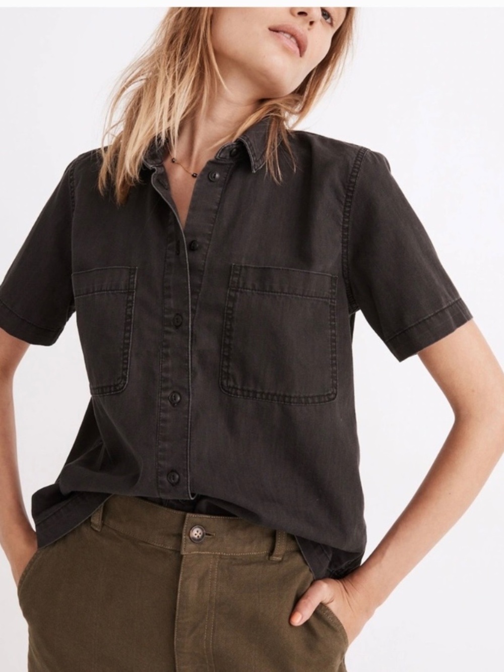 Madewell Short Sleeve Button Down Shirt, Charcoal, Size Medium
